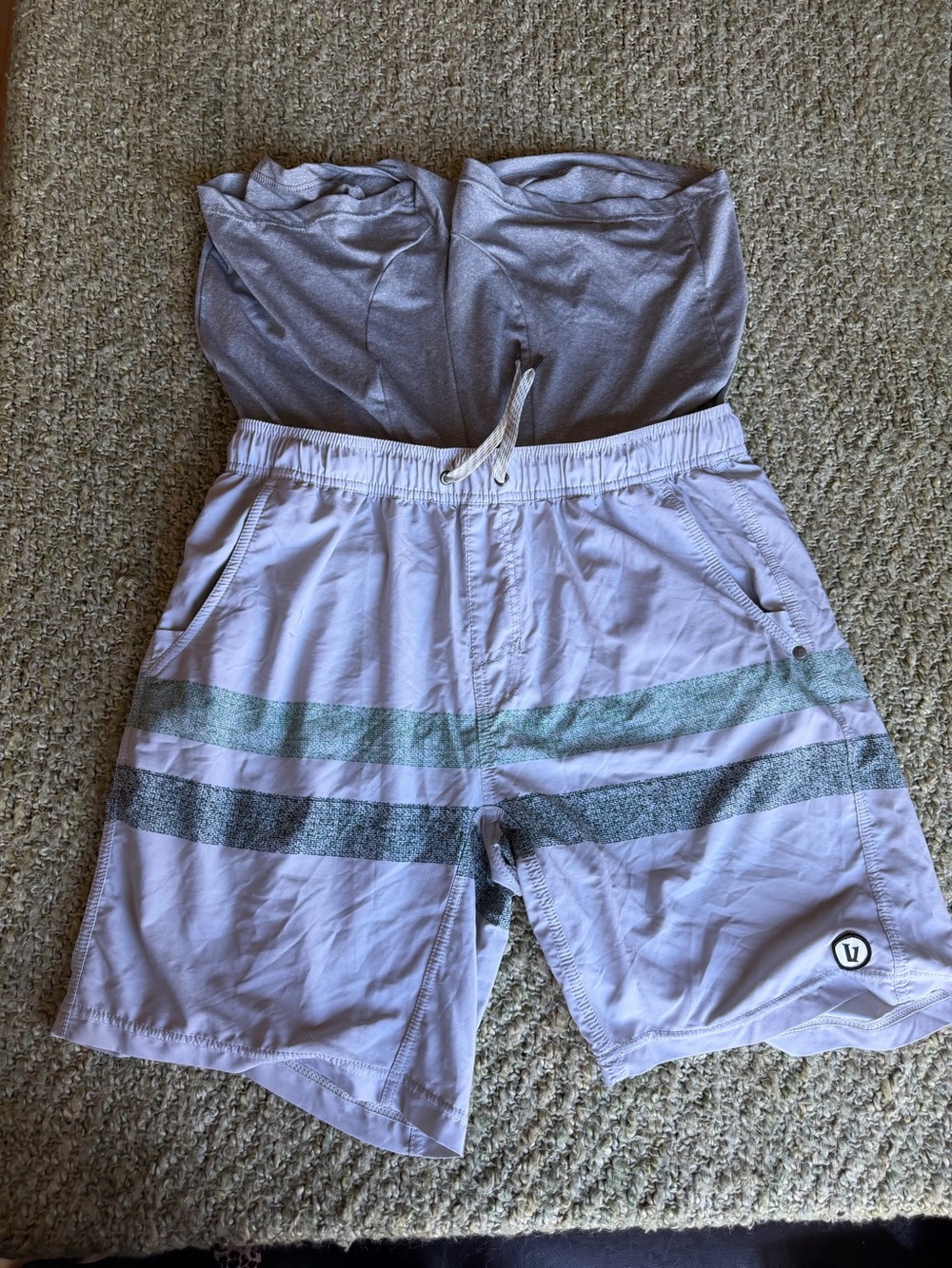 Vuori White Athletic Shorts with Teal and Gray Stripes - Picture 4 of 4